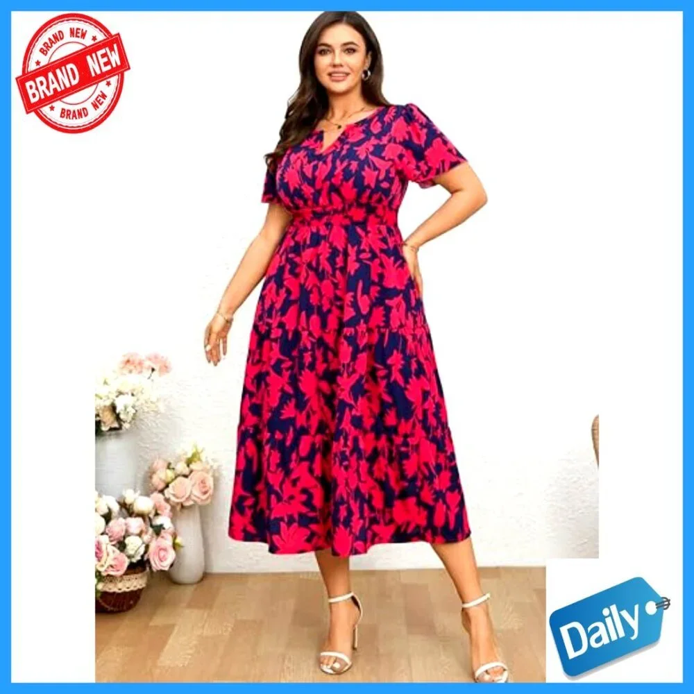 Plus Size Summer Maxi Dress V Neck Smocked Boho Floral Beach Wedding Guest - Picture 4 of 7